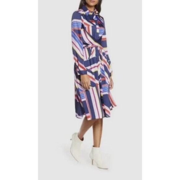 Julia Jordan Geometric Stripe Shirt Dress Midi Long Sleeve Navy Red Mod 6 - Picture 1 of 8